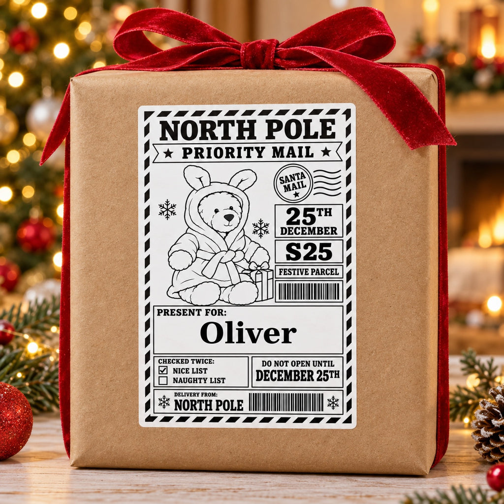 Teddy in Bunny Hood North Pole sticker personalised with Oliver, shown on a wrapped Christmas gift.