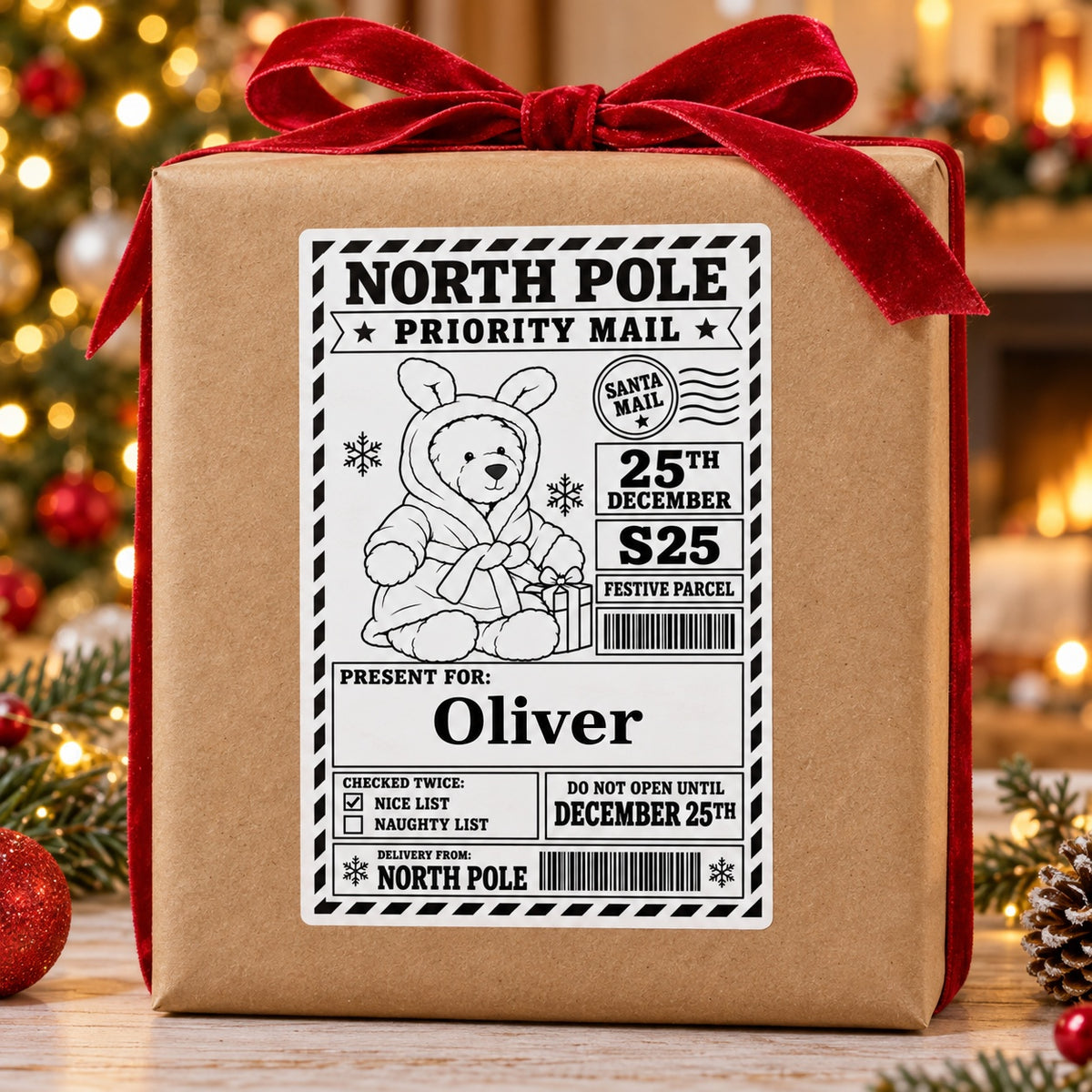 Teddy in Bunny Hood North Pole sticker personalised with Oliver, shown on a wrapped Christmas gift.