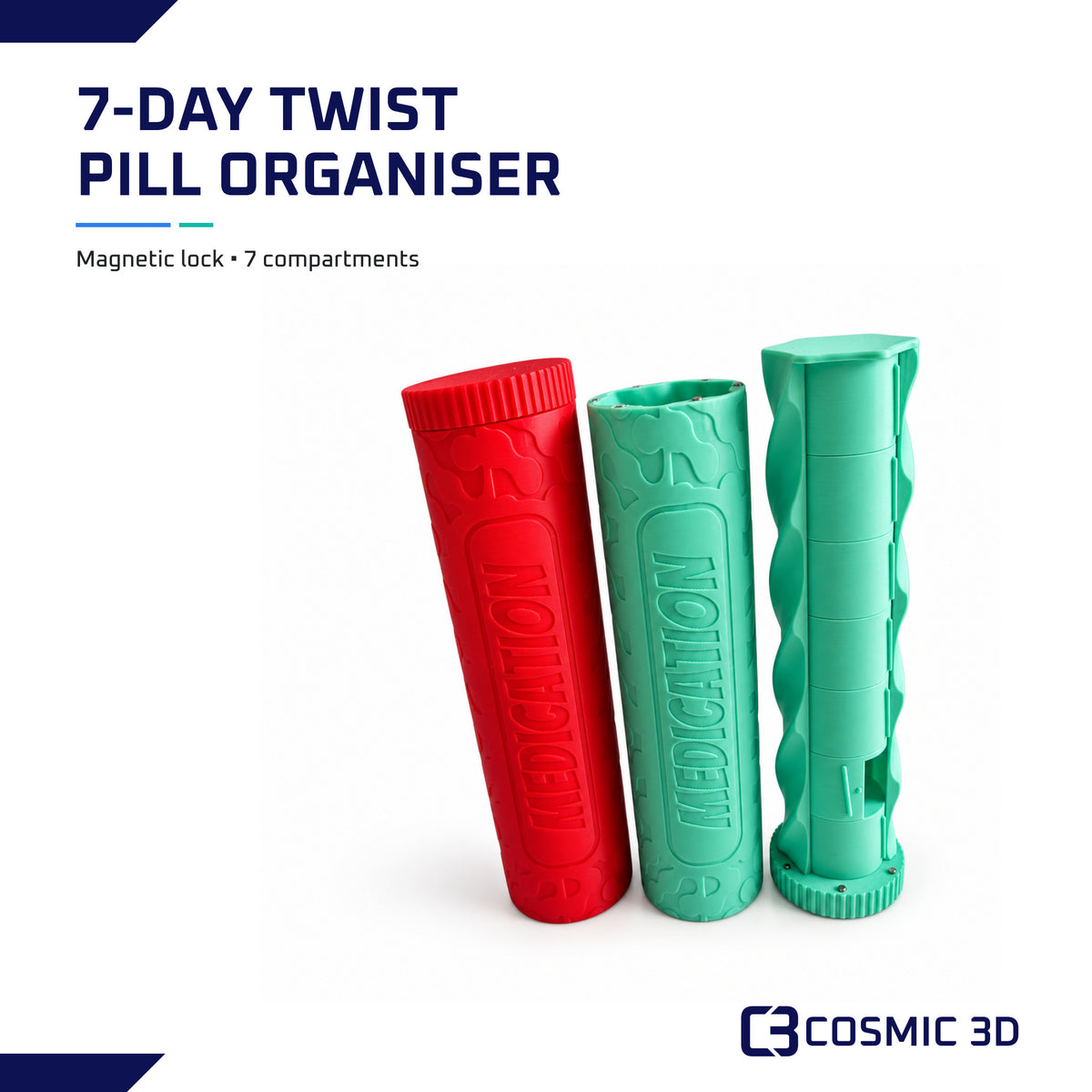 7-day twist pill organiser with magnetic lock