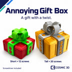 Short red and green 12-screw gift box beside a tall yellow and silver 20-screw version.