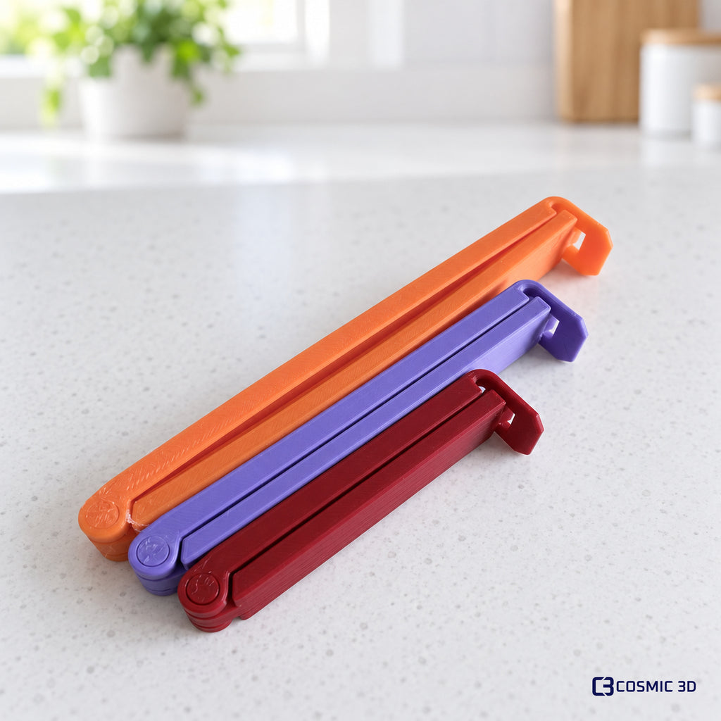 Colourful 3D-printed kitchen bag clips in three sizes
