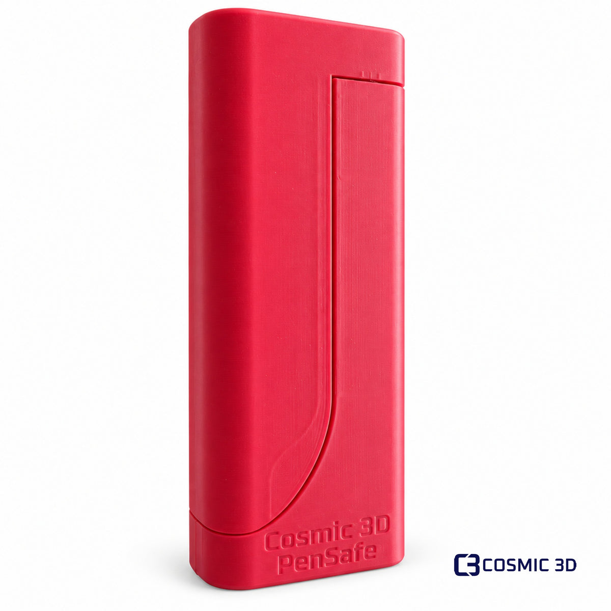 Closed red PenSafe magnetic pen and needle travel case standing upright.
