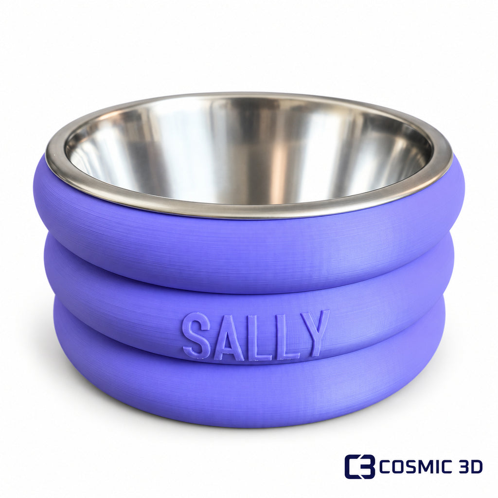 Purple stacked-ring pet bowl riser personalised with SALLY and a stainless-steel insert.