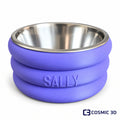 Purple stacked-ring pet bowl riser personalised with SALLY and a stainless-steel insert.
