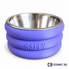 Purple stacked-ring pet bowl riser personalised with SALLY and a stainless-steel insert.