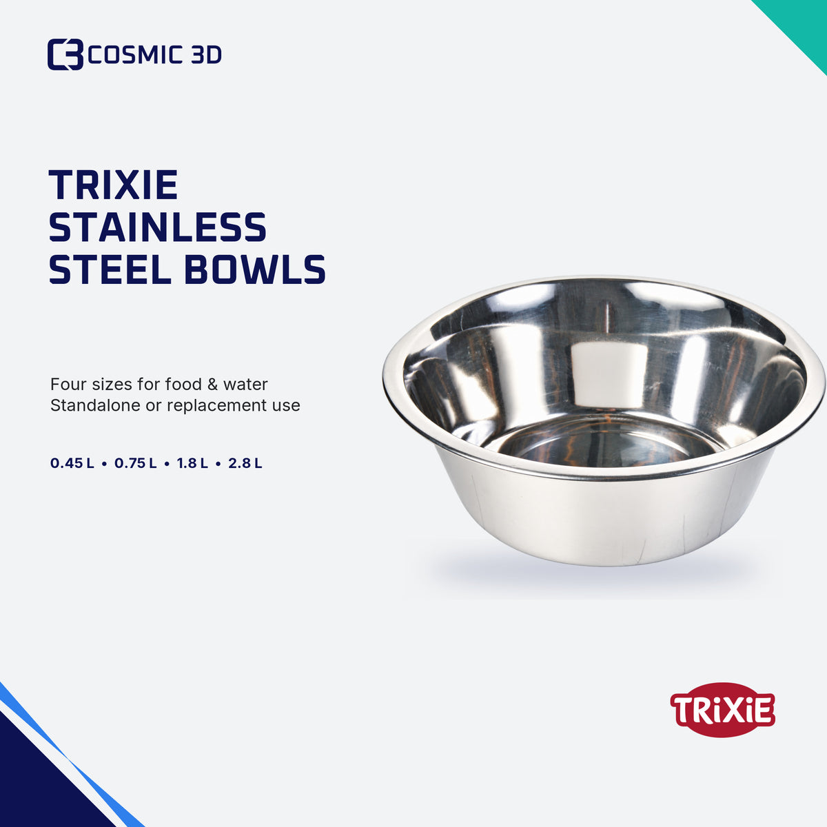 Trixie stainless-steel pet bowl, available in four sizes for food or water.