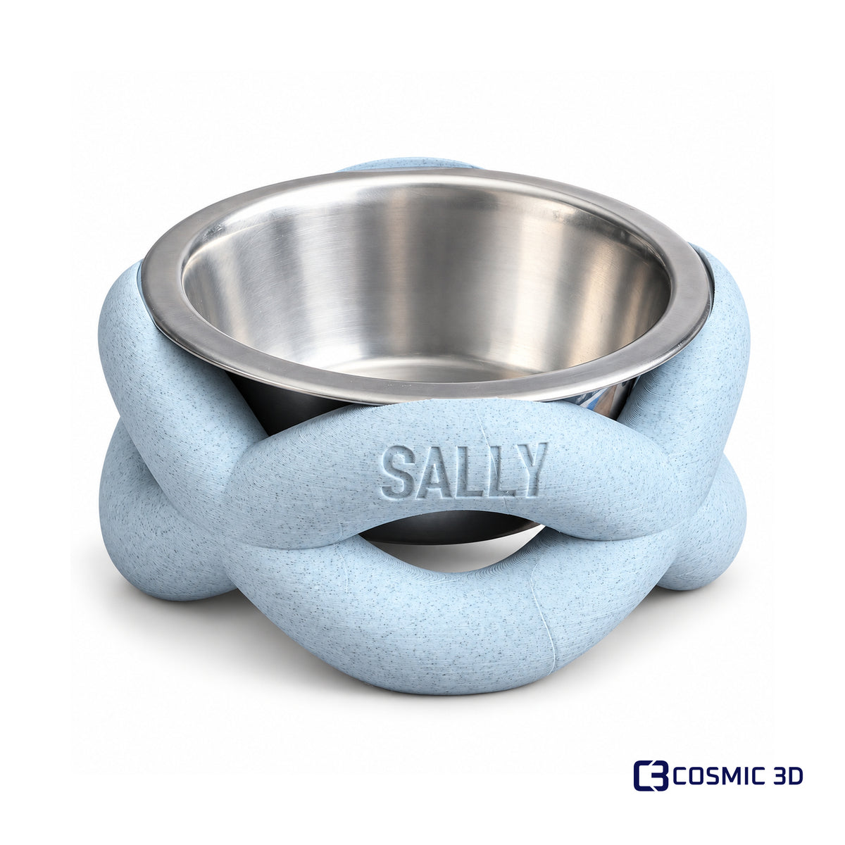 Pale blue twisted bowl riser personalised with SALLY and fitted with a stainless-steel bowl.