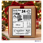 Santa Christmas parcel label with Nice List ticked and example name Oliver, on a wrapped gift.