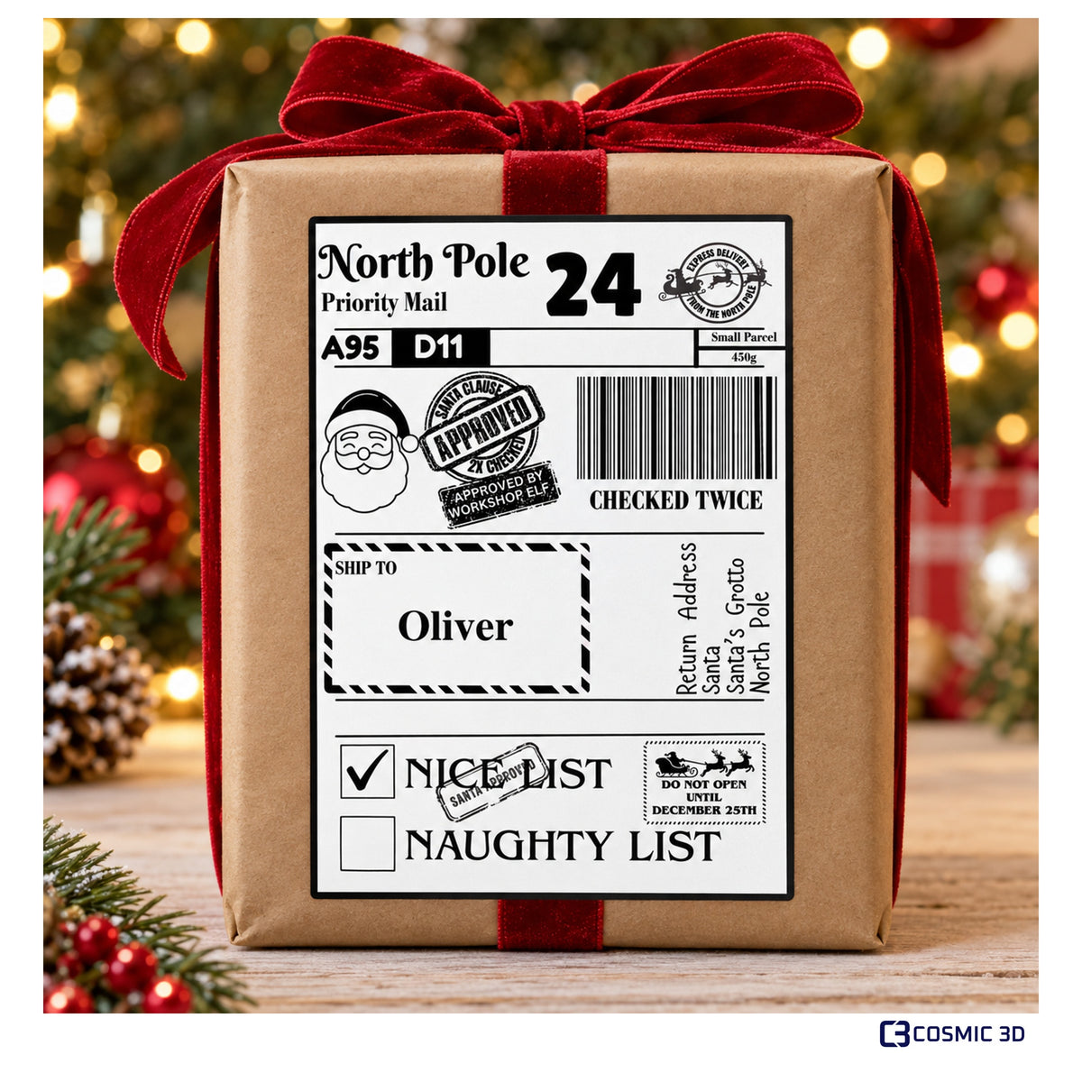Santa Christmas parcel label with Nice List ticked and example name Oliver, on a wrapped gift.