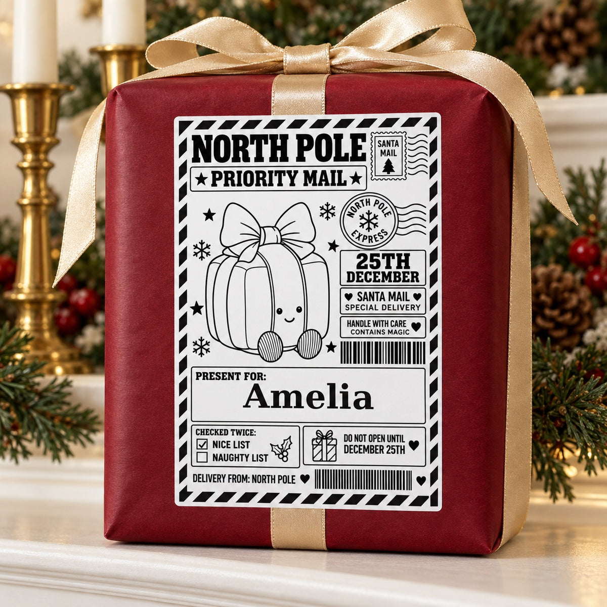 Christmas Present North Pole sticker personalised with Amelia, shown on a wrapped Christmas gift.
