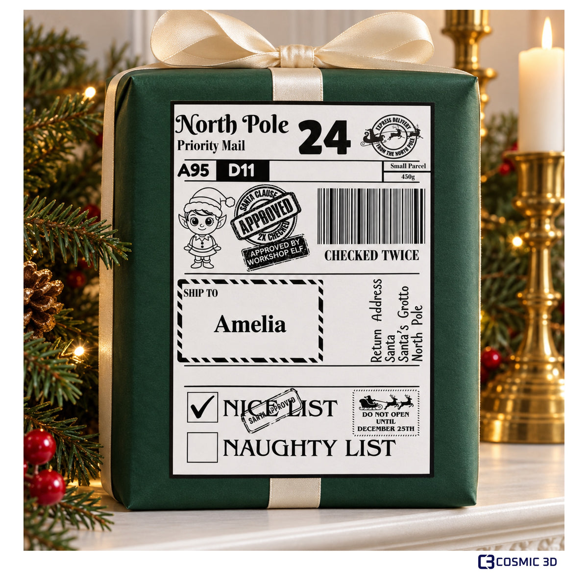 Elf Christmas parcel label with Nice List ticked and example name Amelia, on a wrapped gift.