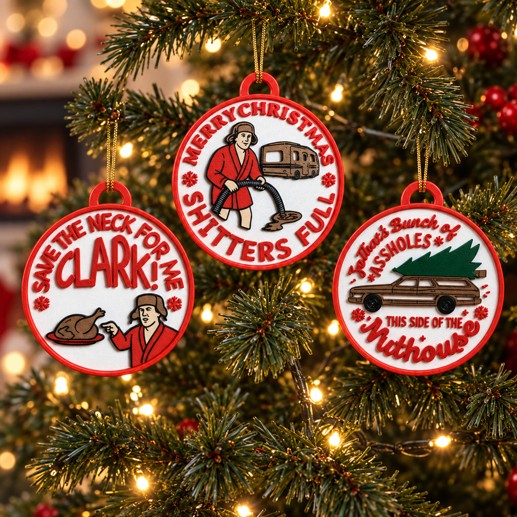 Product shown in a home setting for Christmas Vacation ornament set