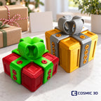 Short and tall screw-fastened gift boxes on a table among wrapped presents.