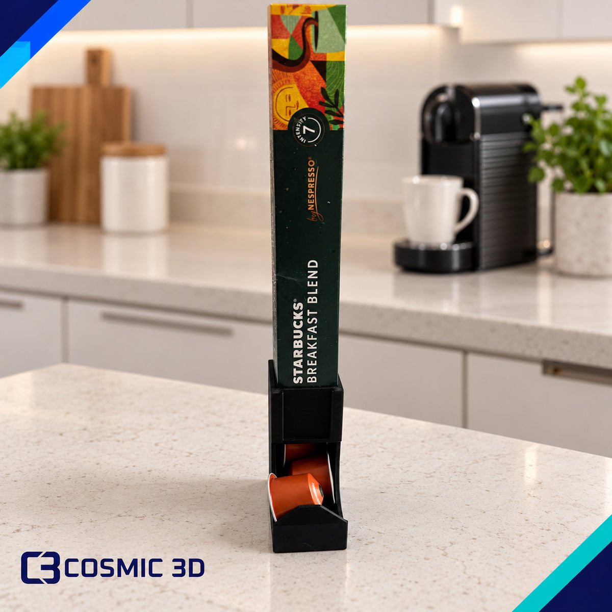 Product shown in a home setting for vertical coffee capsule holder
