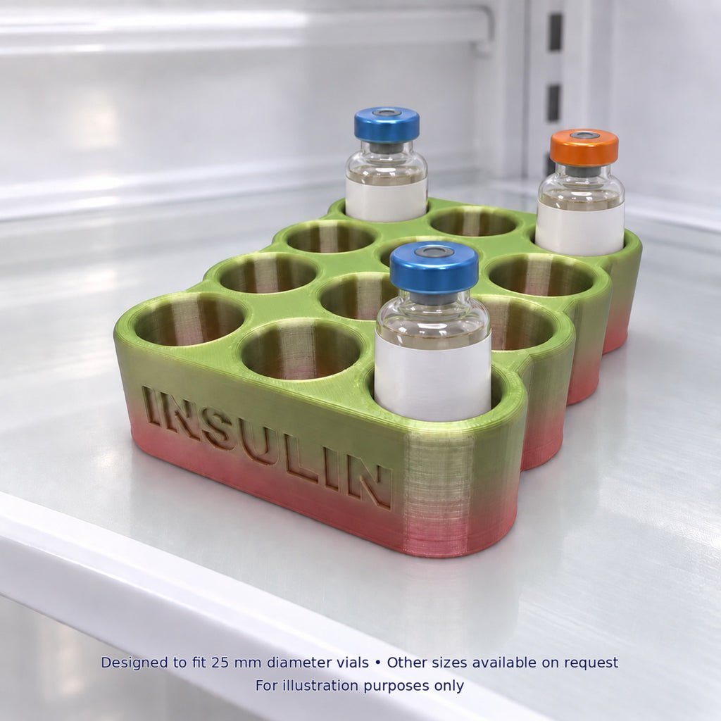 Product shown in a home setting for 25 mm insulin vial fridge holder