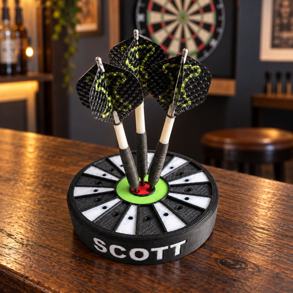 Personalised 23-dart holder displayed in a games room