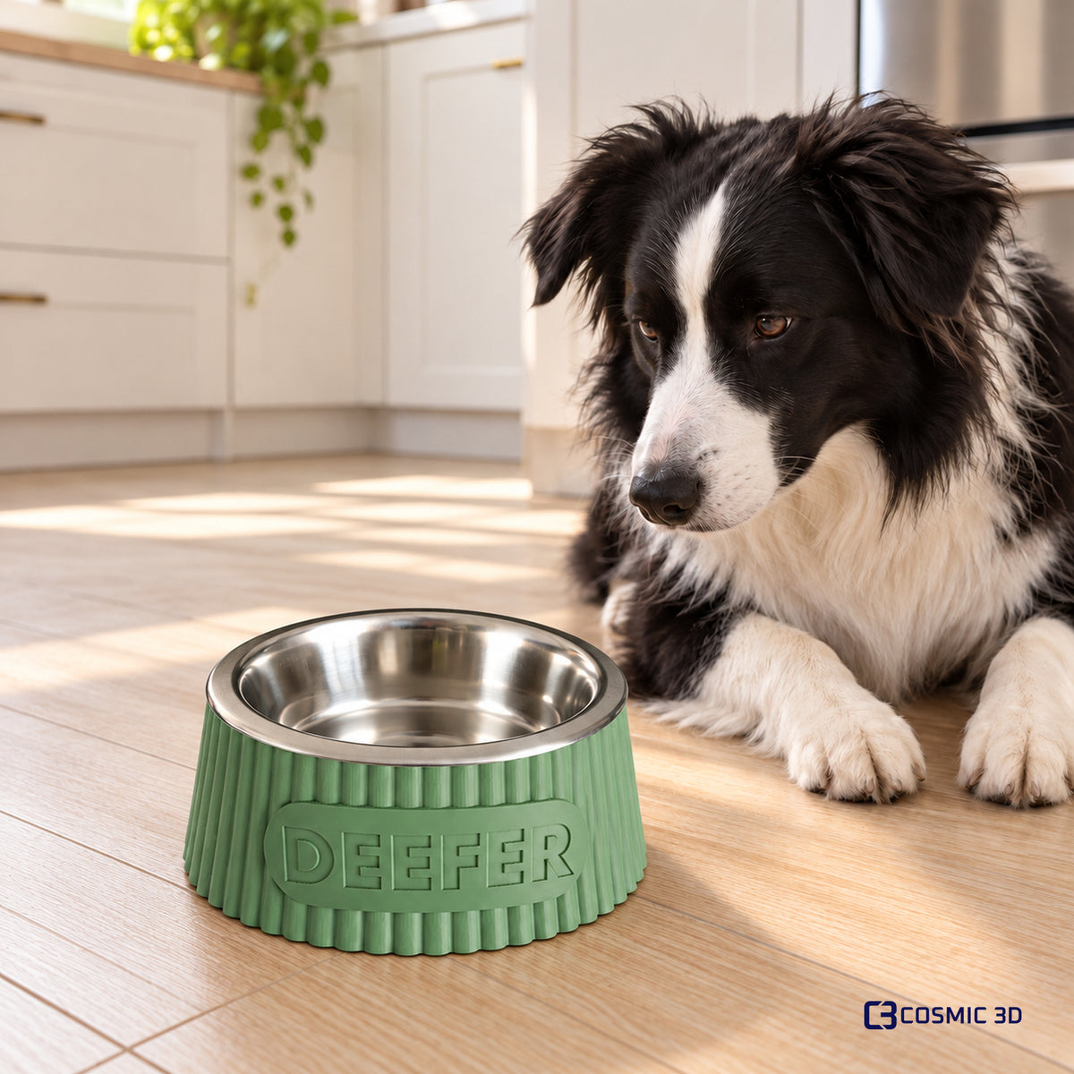 Sage-green personalised ribbed bowl riser on a kitchen floor beside a black-and-white dog.