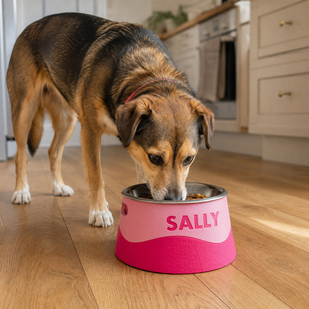 Lifestyle Sally — personalised elevated wavy dog bowl
