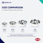 Trixie bowl size comparison: 0.45 L, 0.75 L, 1.8 L and 2.8 L with rim diameters.