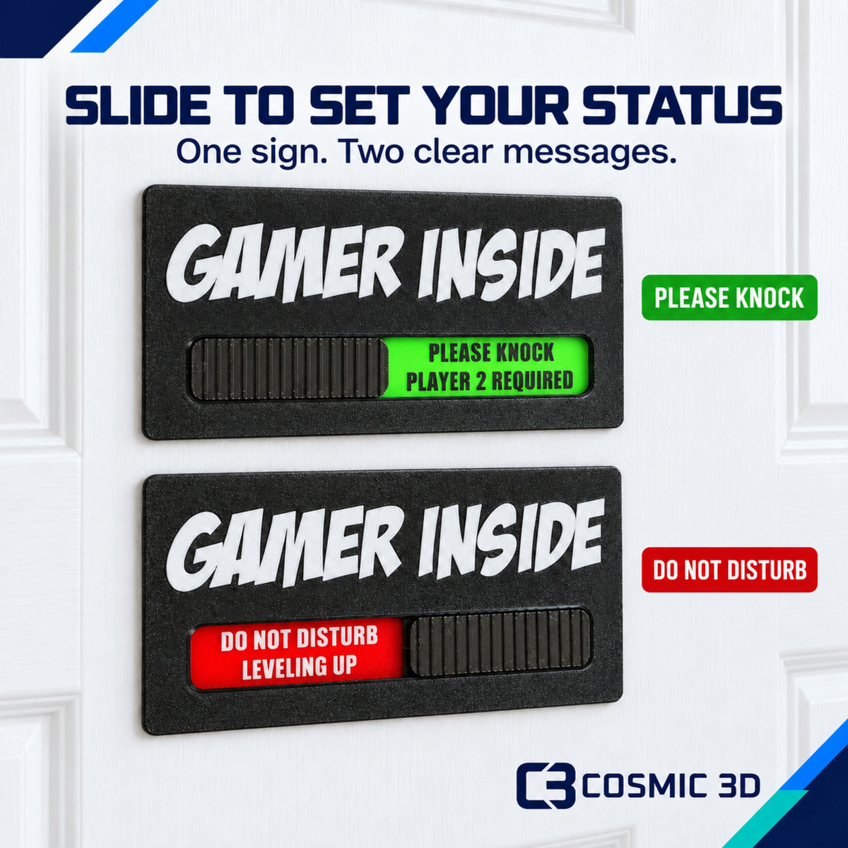 Sliding sign message positions for personalised gamer door sign