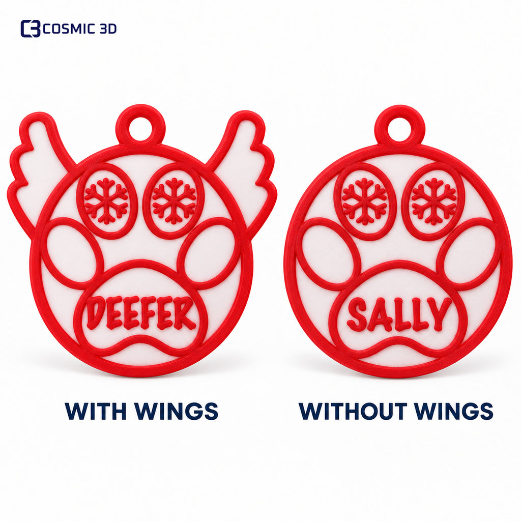 With-wings and without-wings options for personalised pet paw Christmas ornament