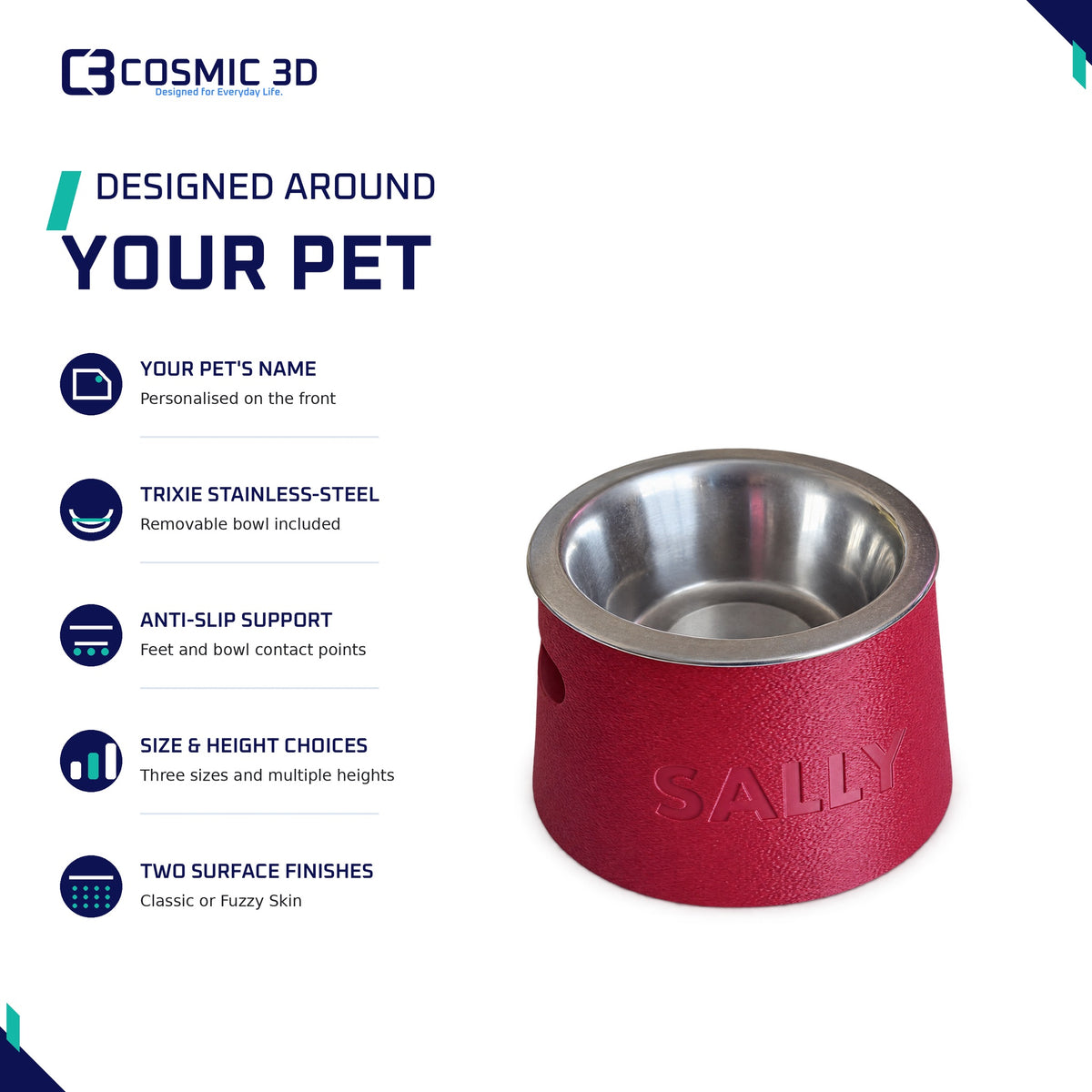 Tapered pet bowl riser features and personalisation options