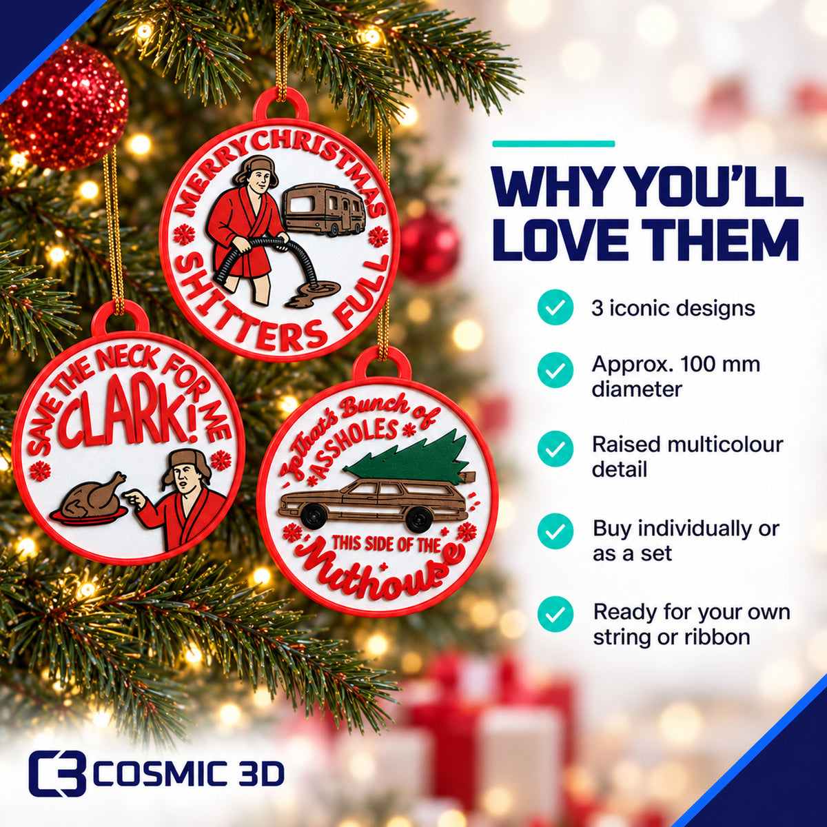 Key product features for Christmas Vacation ornament set