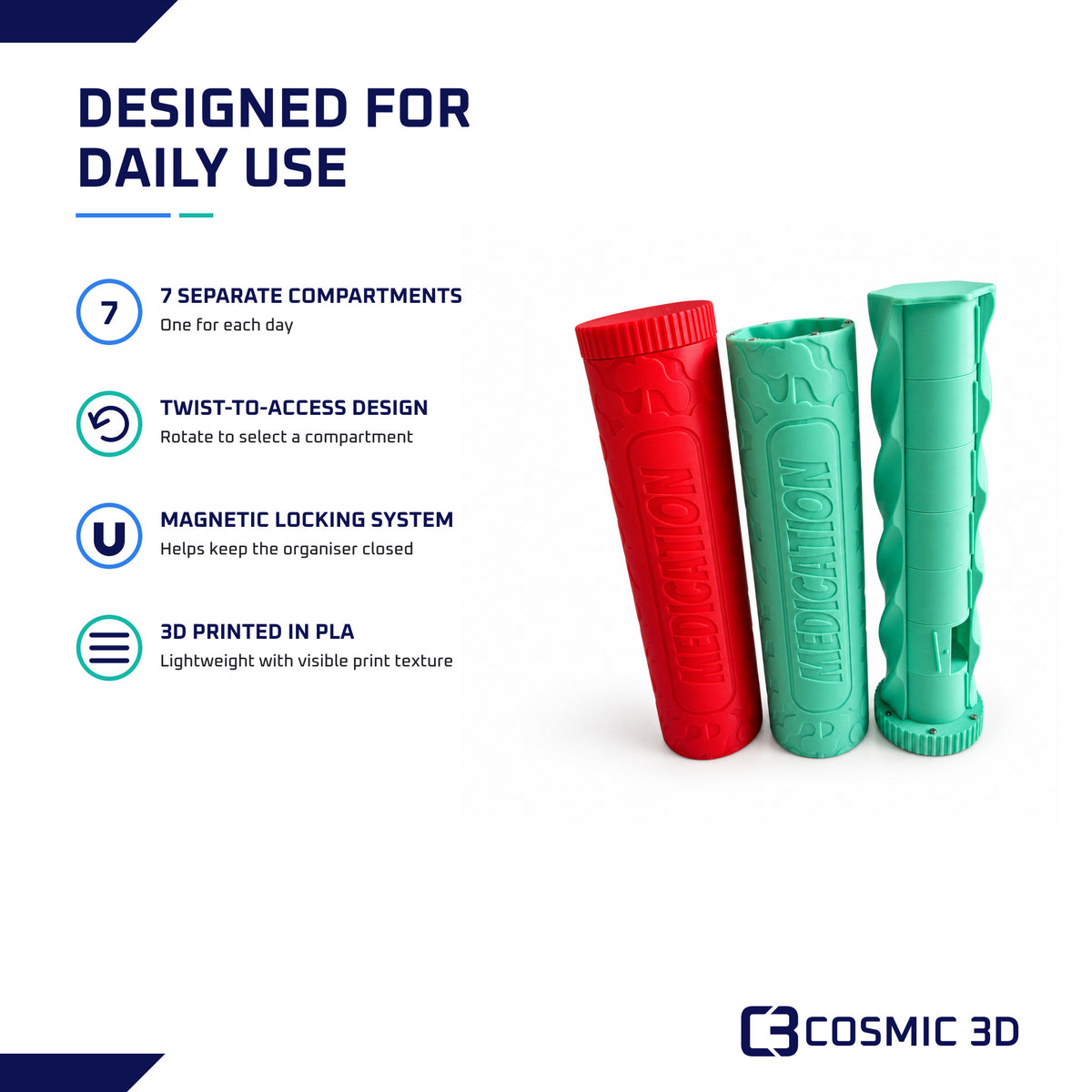 Features of the 7-day twist pill organiser