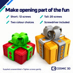 Gift box features: Short has 12 screws, Tall has 20; two colour choices and screwdriver included.