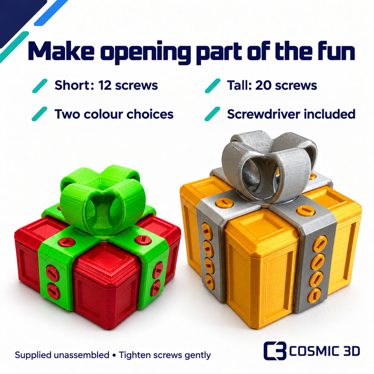 Gift box features: Short has 12 screws, Tall has 20; two colour choices and screwdriver included.