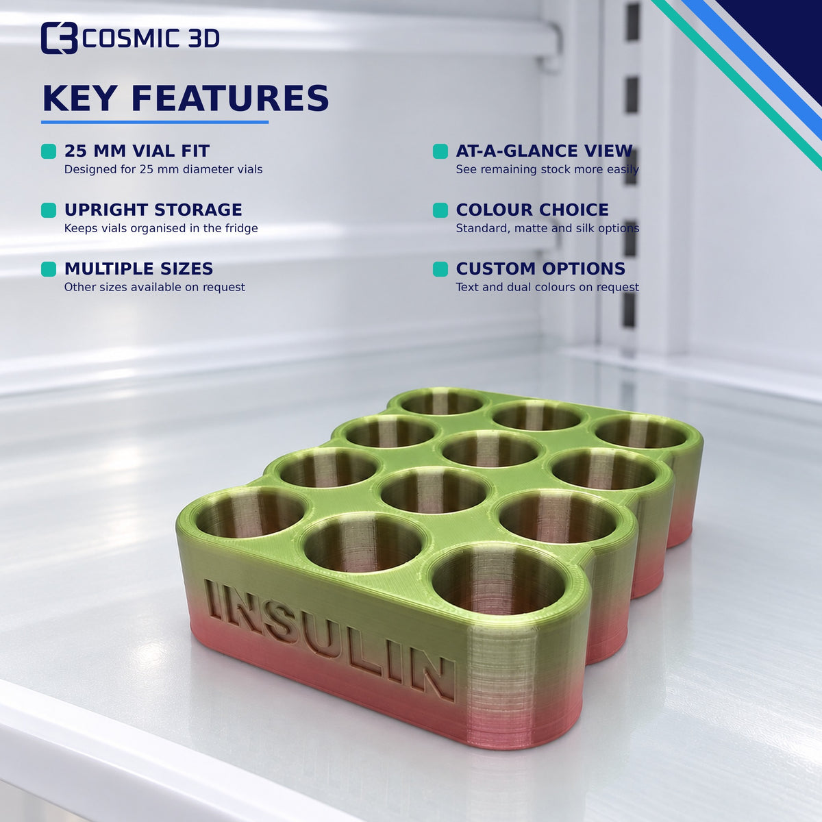Key product features for 25 mm insulin vial fridge holder
