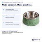 Ribbed tapered pet bowl riser showing its personalised name panel, fluted sides and removable stainless-steel bowl.