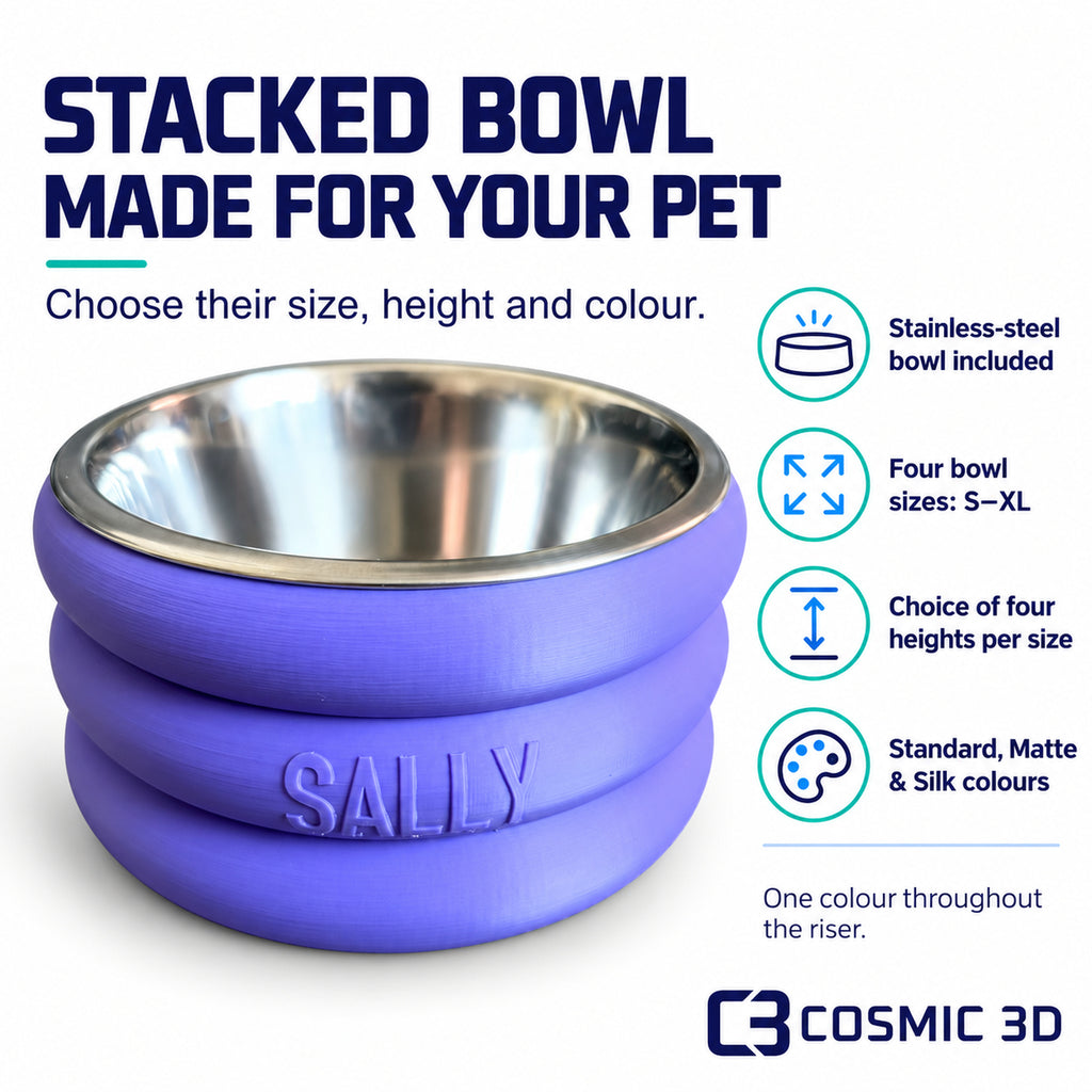 Stacked bowl features: steel bowl included, four bowl sizes, four heights per size and one colour throughout.