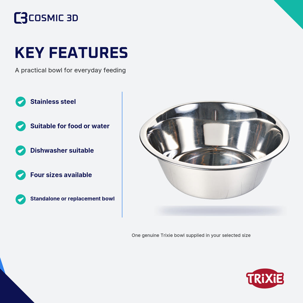 Trixie bowl features: stainless steel, dishwasher suitable and available in four sizes.