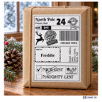 Reindeer Christmas parcel label with Nice List ticked and example name Freddie, on a wrapped gift.
