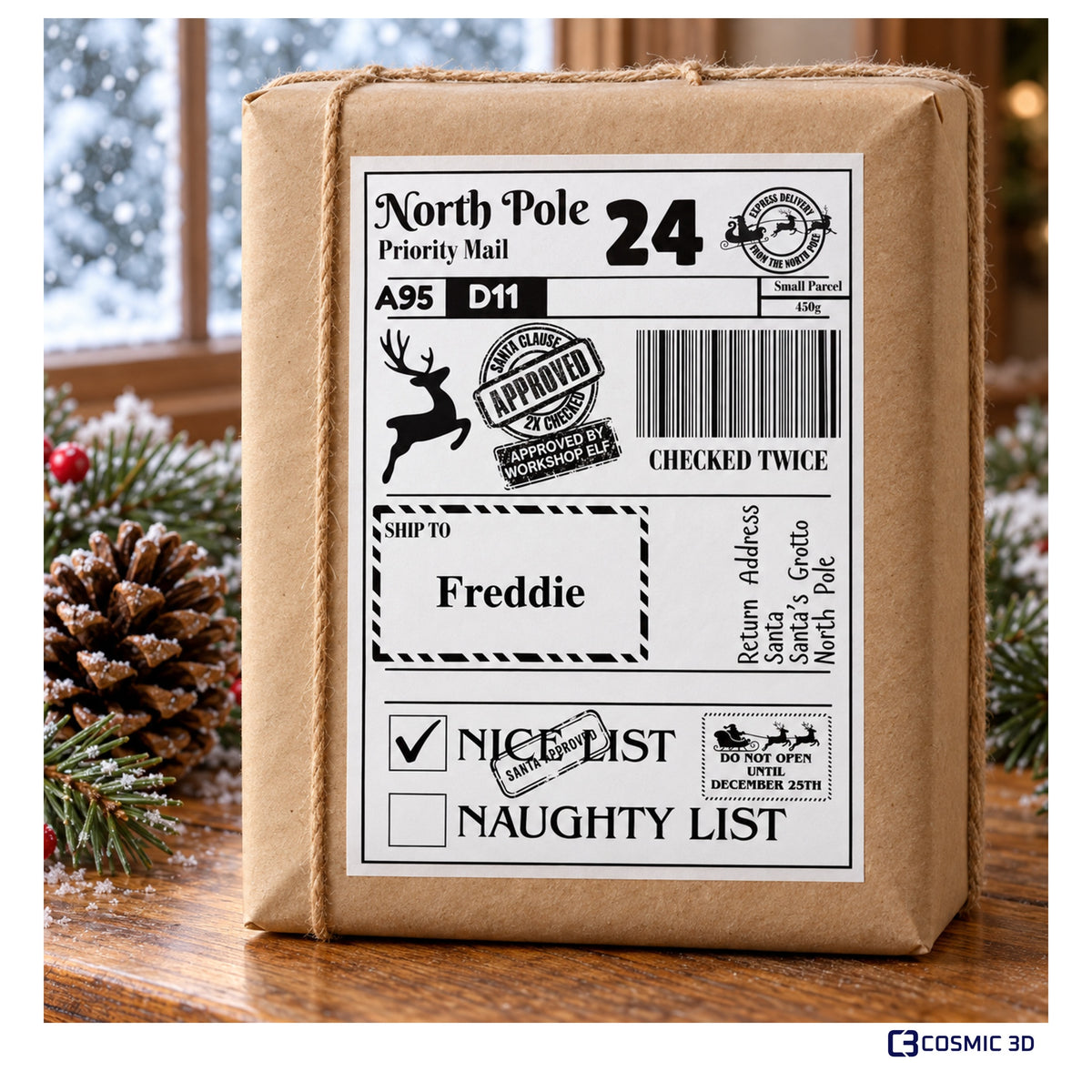 Reindeer Christmas parcel label with Nice List ticked and example name Freddie, on a wrapped gift.