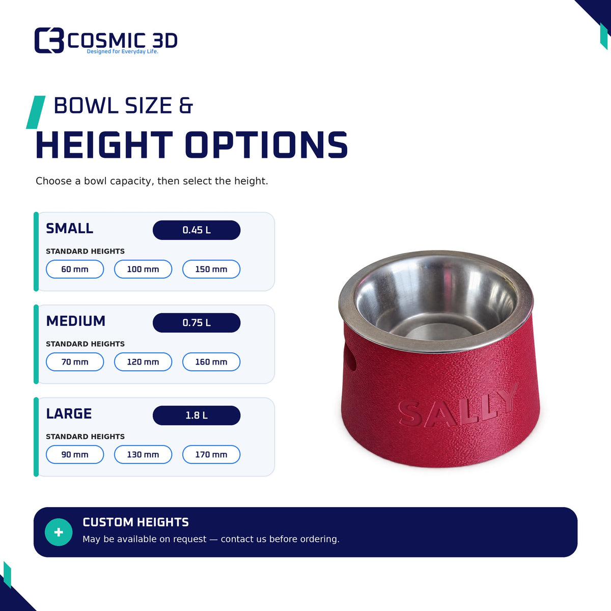 Tapered pet bowl riser bowl-size and feeding-height options