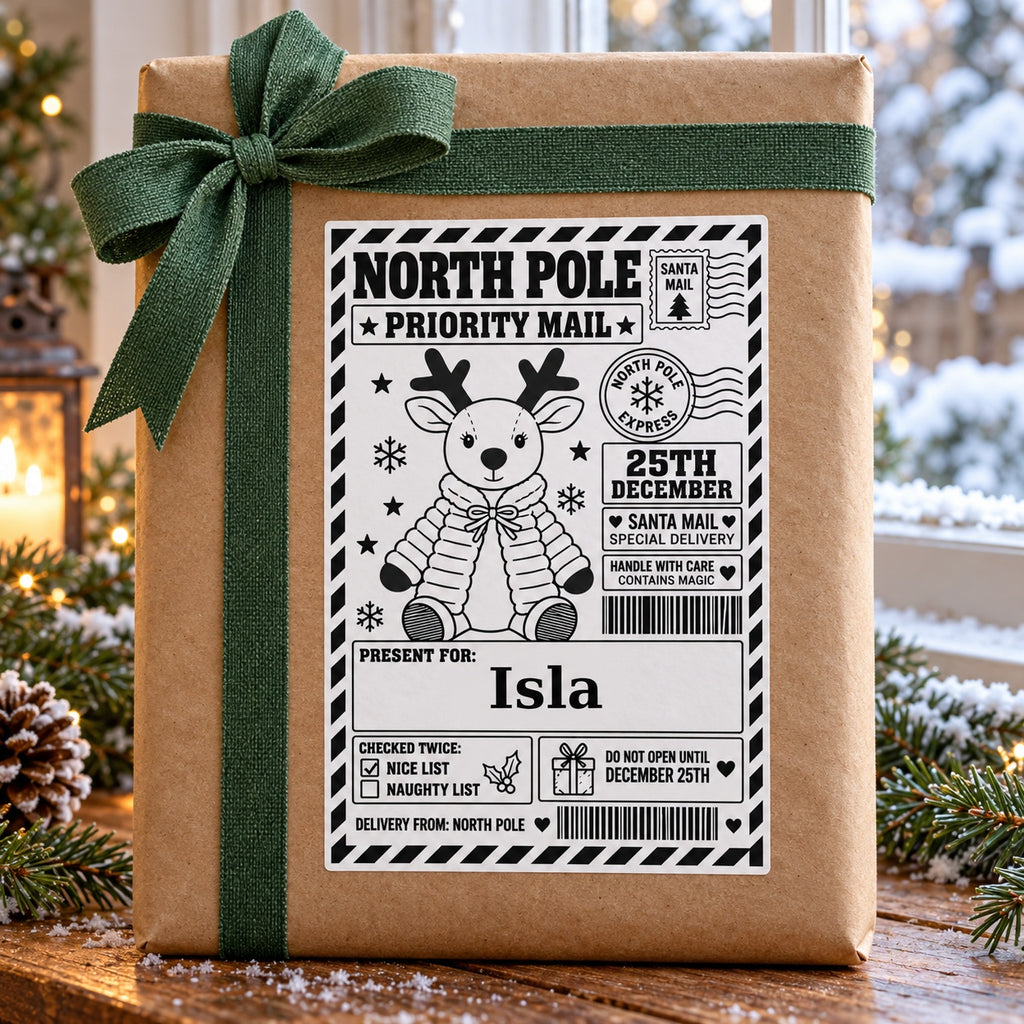 Reindeer North Pole sticker personalised with Isla, shown on a wrapped Christmas gift.