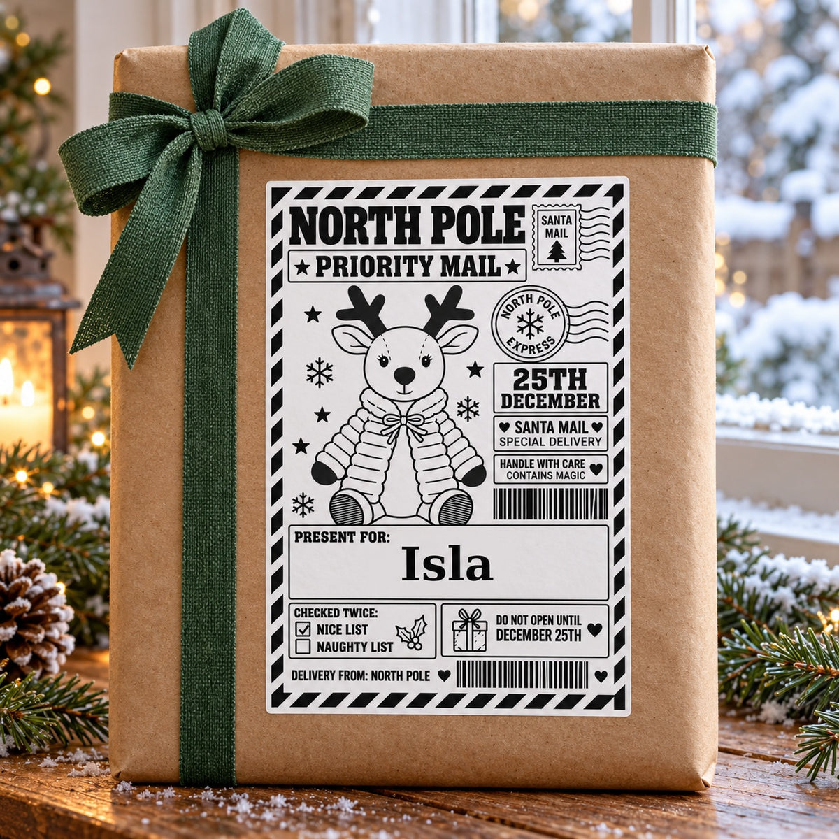 Reindeer North Pole sticker personalised with Isla, shown on a wrapped Christmas gift.