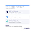 Ampoule holder ordering guide: choose ampoule size, choose capacity, then check fit measurements.