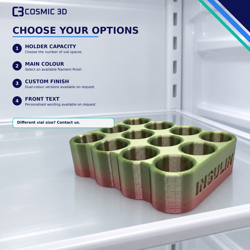 Available size and capacity options for 25 mm insulin vial fridge holder