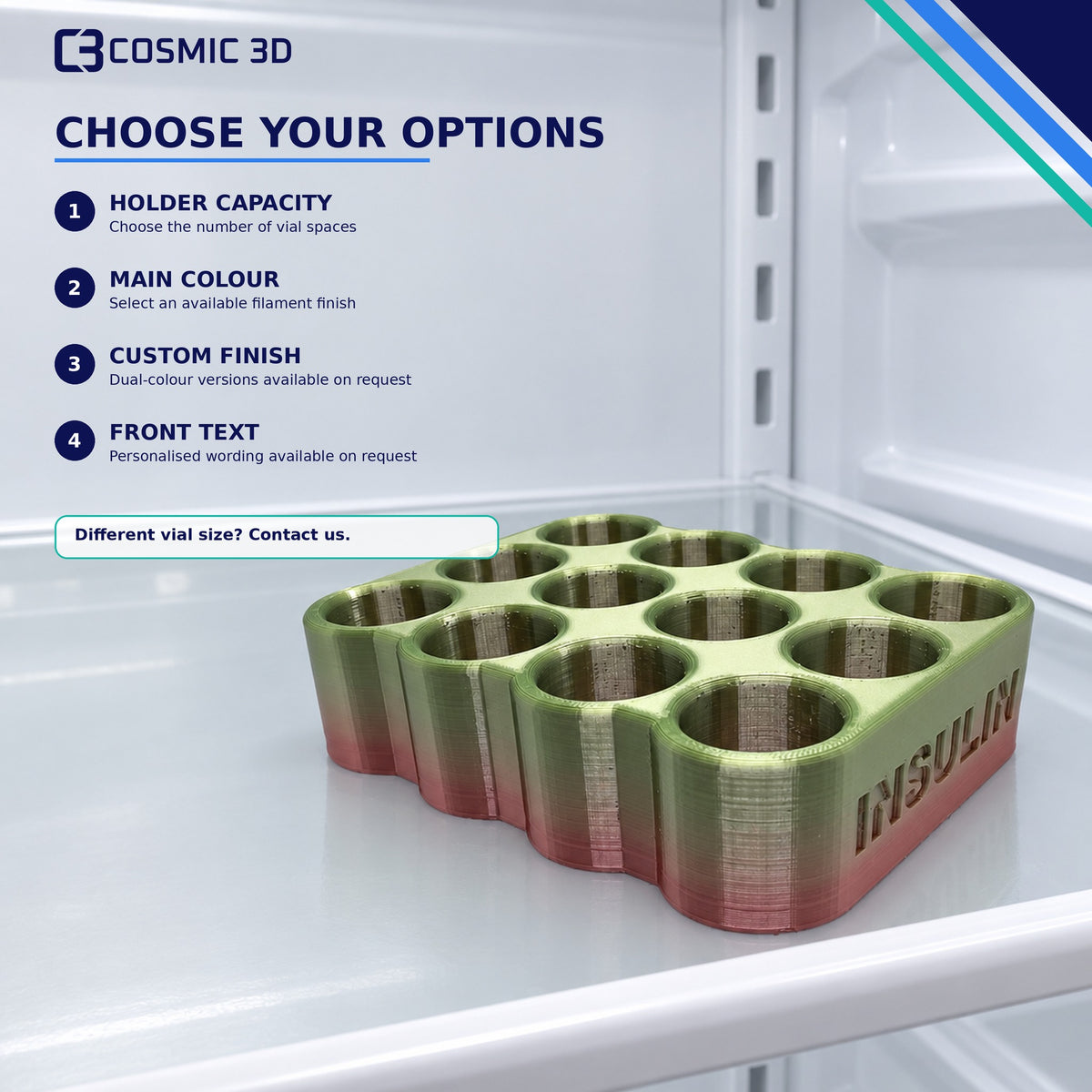 Available size and capacity options for 25 mm insulin vial fridge holder