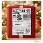 Santa Christmas parcel label with Naughty List ticked and example name George, on a wrapped gift.