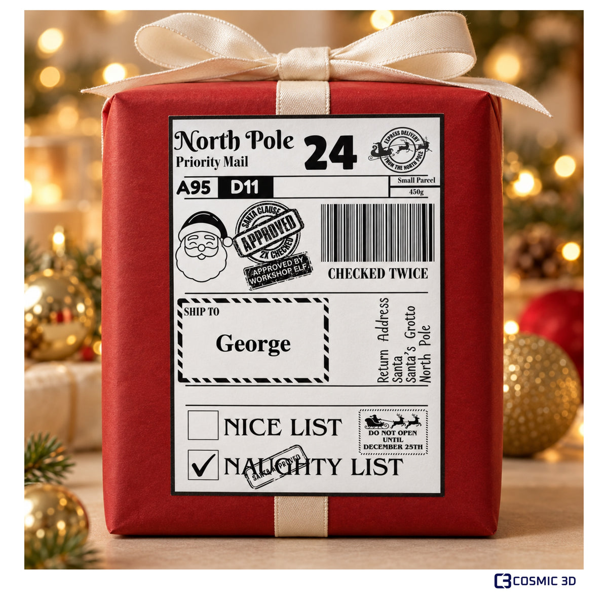 Santa Christmas parcel label with Naughty List ticked and example name George, on a wrapped gift.
