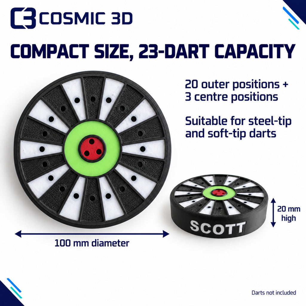Size and 23-dart capacity of the personalised dart holder