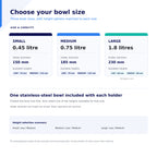 Twisted riser size guide comparing Small 0.45 L, Medium 0.75 L and Large 1.8 L bowls.