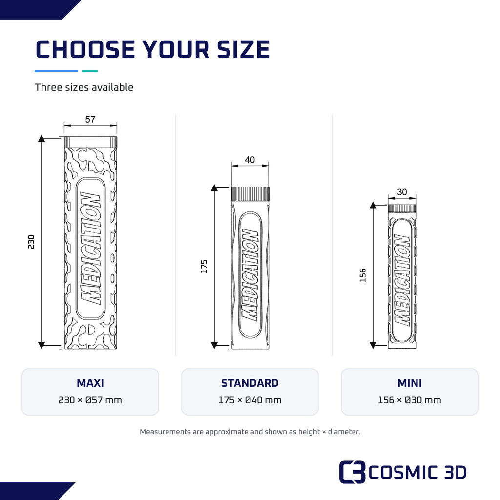 Mini, Standard and Maxi 7-day pill organiser size options