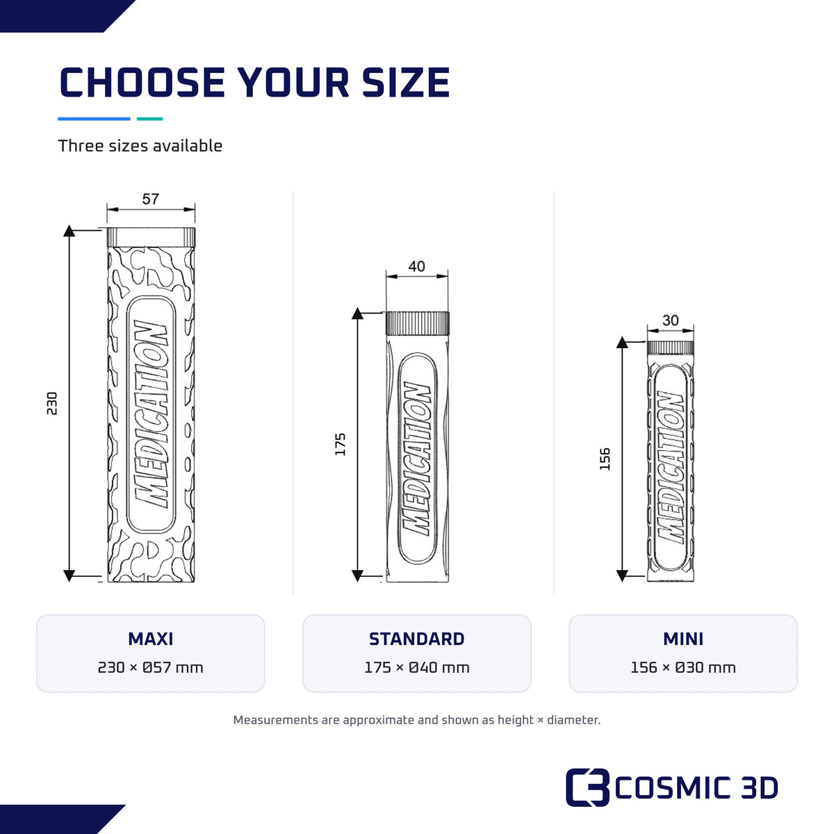 Mini, Standard and Maxi 7-day pill organiser size options