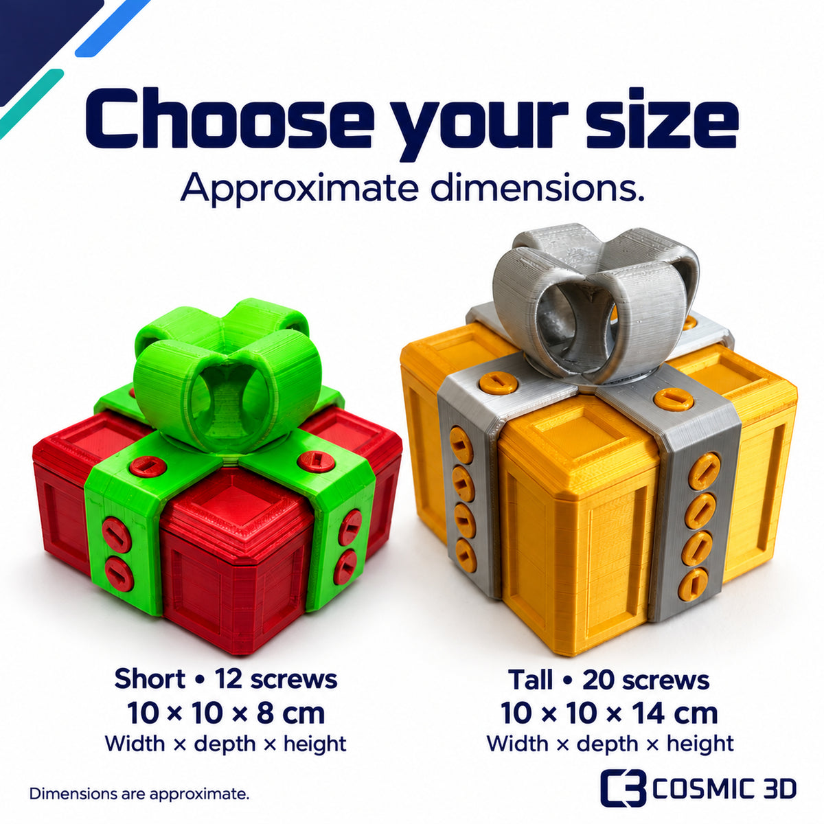 Gift box size guide: Short approximately 10 × 10 × 8 cm; Tall approximately 10 × 10 × 14 cm.