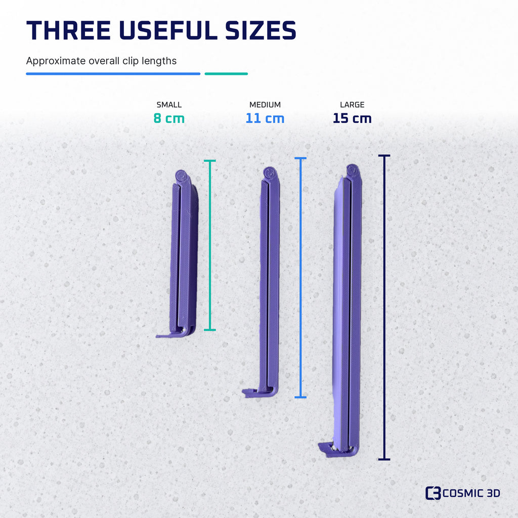 Small, medium and large kitchen bag clip dimensions